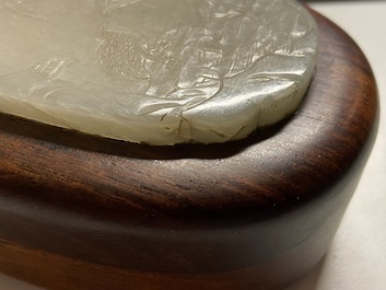 A Chinese wooden box and cover with a white jade 'quail' plaque, 18/19th C.