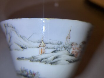 A fine Chinese famille rose 'romantic subject' cup and saucer, Qianlong