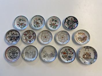 A varied collection of Chinese famille rose and grisaille cups and saucers and a 'rooster' bowl, Yongzheng/Qianlong