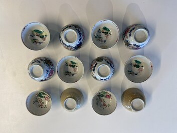 Thirteen Chinese famille rose saucers and twelve cups, Qianlong