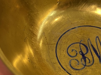 Six rare Chinese PM-monogrammed gilt-ground cups and saucers, Yongzheng/Qianlong