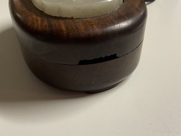 A Chinese wooden box and cover with a white jade 'quail' plaque, 18/19th C.
