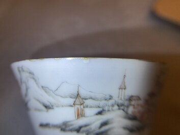 A fine Chinese famille rose 'romantic subject' cup and saucer, Qianlong
