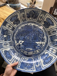 A large Chinese blue and white kraak porcelain dish with a finely painted jardini&egrave;re, Wanli