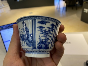 Six Chinese blue and white saucers and five cups, Qi Yu Tang Zhi mark, Kangxi