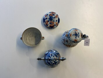Three Chinese Imari-style teapots, a silver-mounted ewer and a covered bowl, Kangxi