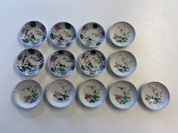 Thirteen Chinese famille rose saucers and twelve cups, Qianlong