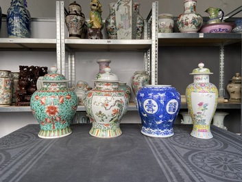 Four various Chinese famille rose, verte and blue and white vases, 19/20th C.