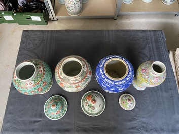 Four various Chinese famille rose, verte and blue and white vases, 19/20th C.