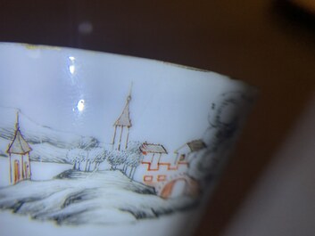 A fine Chinese famille rose 'romantic subject' cup and saucer, Qianlong