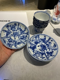 Six Chinese blue and white saucers and five cups, Qi Yu Tang Zhi mark, Kangxi
