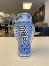 A Chinese reticulated double-walled blue and white vase, Kangxi