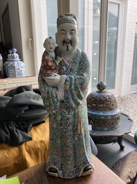 A square Chinese qianjiang cai vase and a 'star god' figure, 19/20th C.