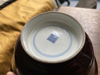 A Chinese aubergine-glazed bowl with incised design of cranes, Kangxi