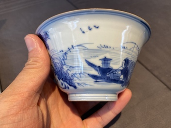A Chinese blue and white bowl with fishermen at lunch, Chenghua mark, Kangxi
