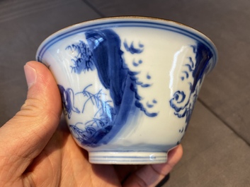 A Chinese blue and white bowl with fishermen at lunch, Chenghua mark, Kangxi