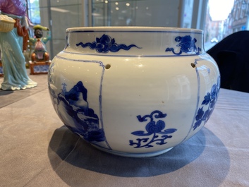 A Chinese blue and white bowl with figures in a landscape, Kangxi