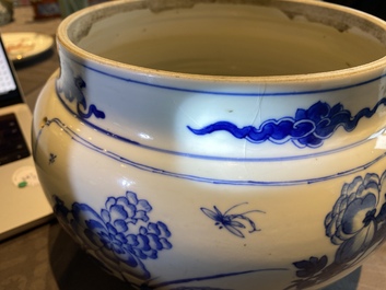 A Chinese blue and white bowl with figures in a landscape, Kangxi