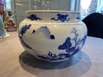 A Chinese blue and white bowl with figures in a landscape, Kangxi