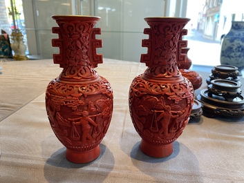 Six Chinese red lacquer pieces with Cultural Revolution design