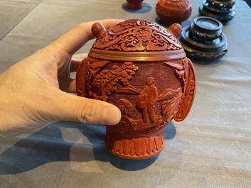 Six Chinese red lacquer pieces with Cultural Revolution design