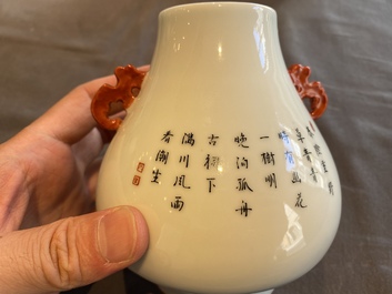 Two Chinese famille rose vases and a 'Wu Shuang Pu' teapot, 19/20th C.