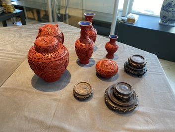 Six Chinese red lacquer pieces with Cultural Revolution design