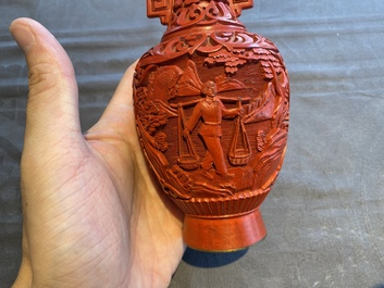 Six Chinese red lacquer pieces with Cultural Revolution design