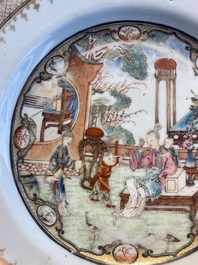 A fine Chinese famille rose plate with two ladies and two boys in an interior, Yongzheng/Qianlong