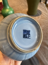 A Chinese monochrome lavender-blue-glazed bottle vase, Yongzheng mark, Republic