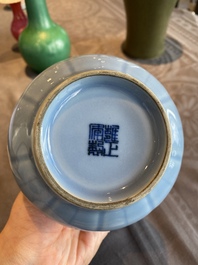 A Chinese monochrome lavender-blue-glazed bottle vase, Yongzheng mark, Republic