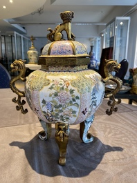 A large Chinese Canton enamel censer and cover, Qianlong mark, 19th C.