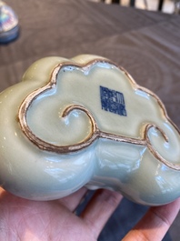 A Chinese celadon-glazed 'lingzhi' brush washer, Qianlong mark, 19/20th C.