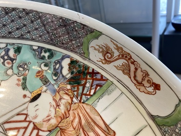 A Chinese famille verte dish with a lady and two playing boys, Kangxi