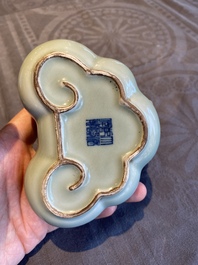 A Chinese celadon-glazed 'lingzhi' brush washer, Qianlong mark, 19/20th C.
