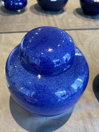 A pair of Chinese powder-blue-glazed jars and covers and three censers, 19/20th C.