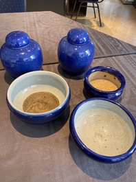 A pair of Chinese powder-blue-glazed jars and covers and three censers, 19/20th C.