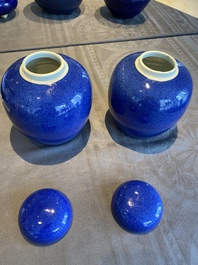 A pair of Chinese powder-blue-glazed jars and covers and three censers, 19/20th C.