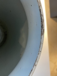 A large Chinese blue and white garniture of three vases, Kangxi