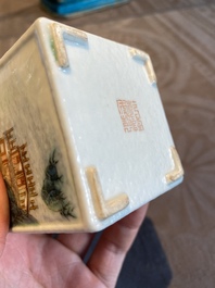 A square Chinese famille rose brush pot, Qianlong mark, Republic