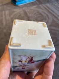 A square Chinese famille rose brush pot, Qianlong mark, Republic