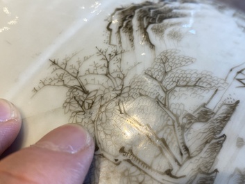 A pair of Chinese famille rose miniature stools with grisaille landscapes, Qianlong/Jiaqing