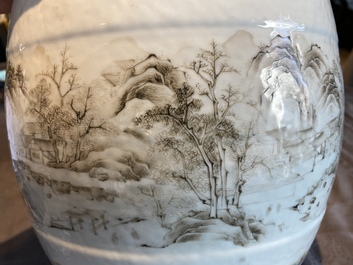 A pair of Chinese famille rose miniature stools with grisaille landscapes, Qianlong/Jiaqing