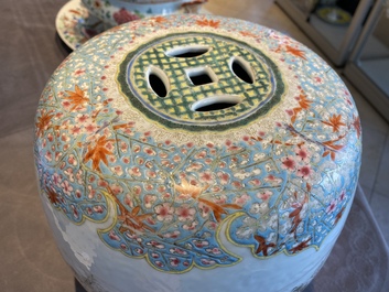 A pair of Chinese famille rose miniature stools with grisaille landscapes, Qianlong/Jiaqing