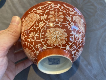 A Chinese coral-ground reserve-decorated 'lotus' bowl, Jiaqing mark, 19/20th C.
