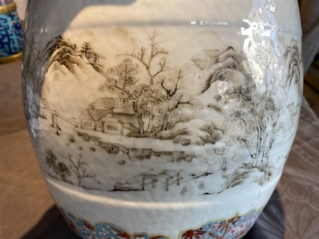 A pair of Chinese famille rose miniature stools with grisaille landscapes, Qianlong/Jiaqing