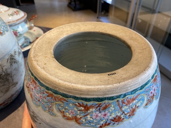 A pair of Chinese famille rose miniature stools with grisaille landscapes, Qianlong/Jiaqing