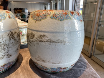 A pair of Chinese famille rose miniature stools with grisaille landscapes, Qianlong/Jiaqing