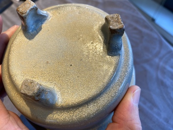 A Chinese celadon-glazed tripod censer with kintsugi repair, Song