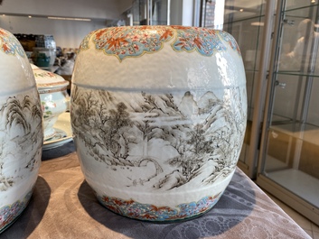 A pair of Chinese famille rose miniature stools with grisaille landscapes, Qianlong/Jiaqing